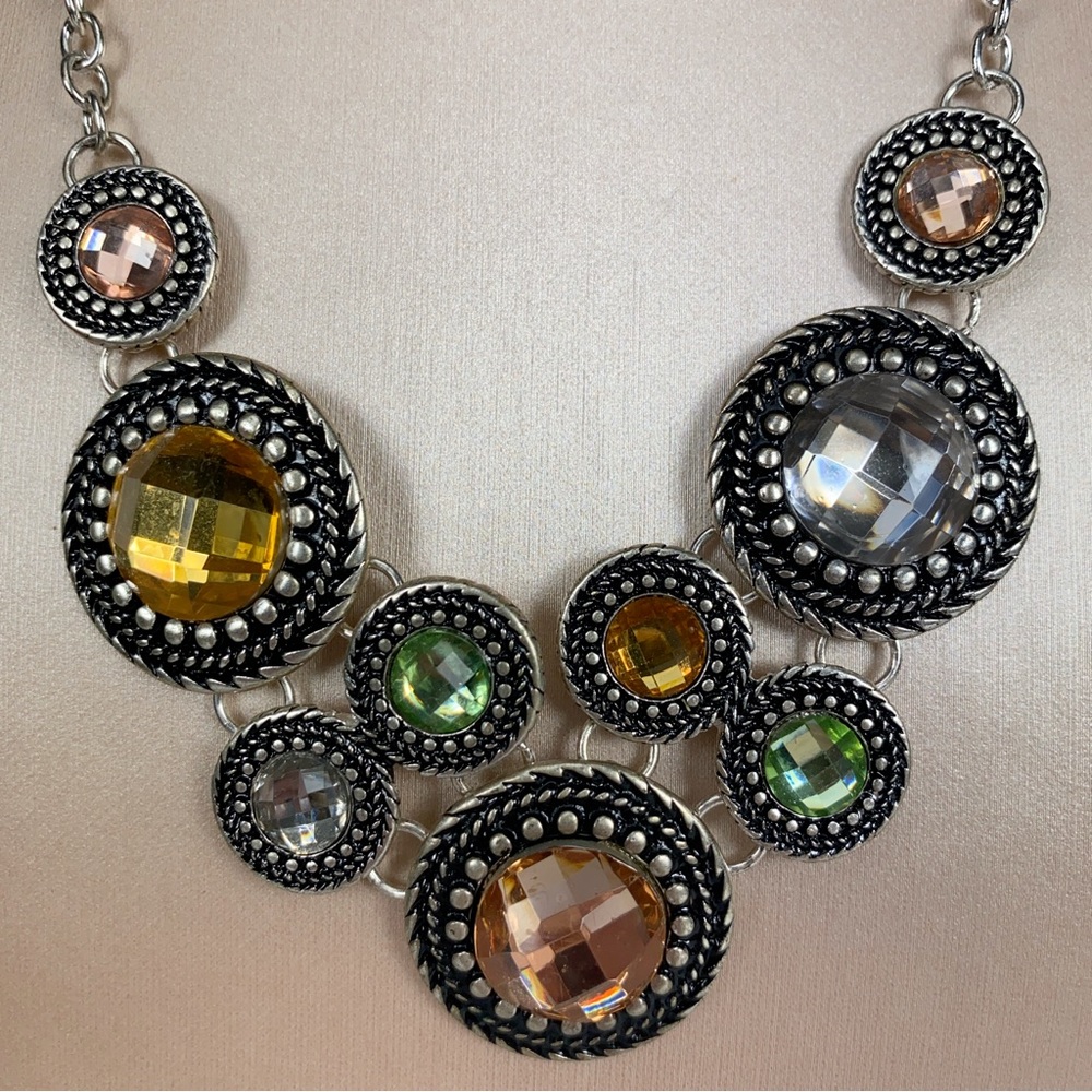 Premier Designs Necklace Circles Multicolored Silver Tone Statement Bib Boho